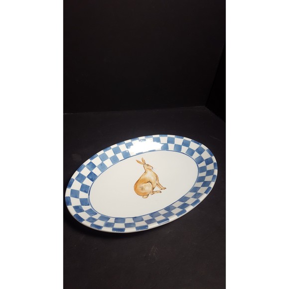 Easter Bunny Rabbit oval serving dish plate Blue Gingham Italian tableware - Picture 6 of 10